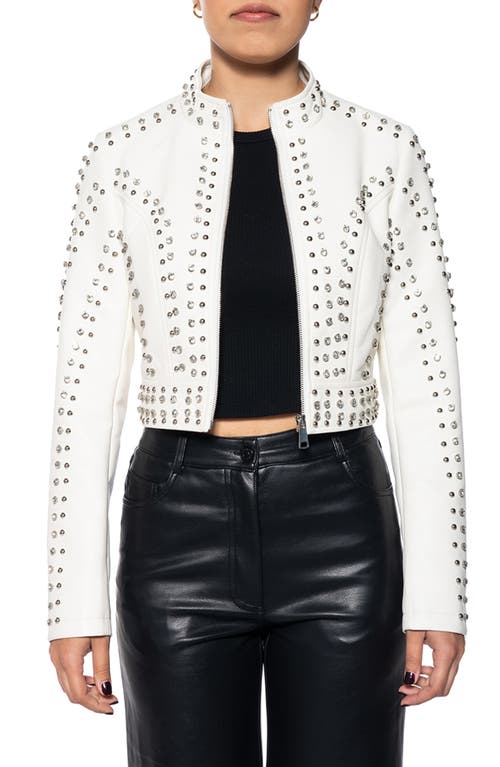 Azalea Wang Studded Faux Leather Crop Moto Jacket In White
