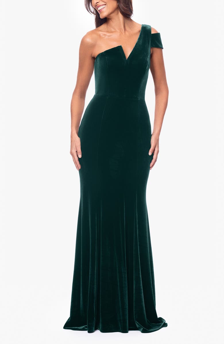 Betsy & Adam One-Shoulder Velvet Mermaid Gown, Main, color, Hunter