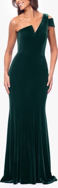 Betsy & Adam One-Shoulder Velvet Mermaid Gown