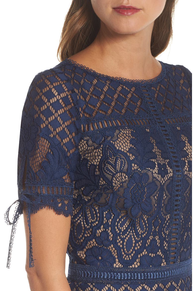 Tie Sleeve Lace Cocktail Dress, Alternate, color, MIDNIGHT/ NUDE