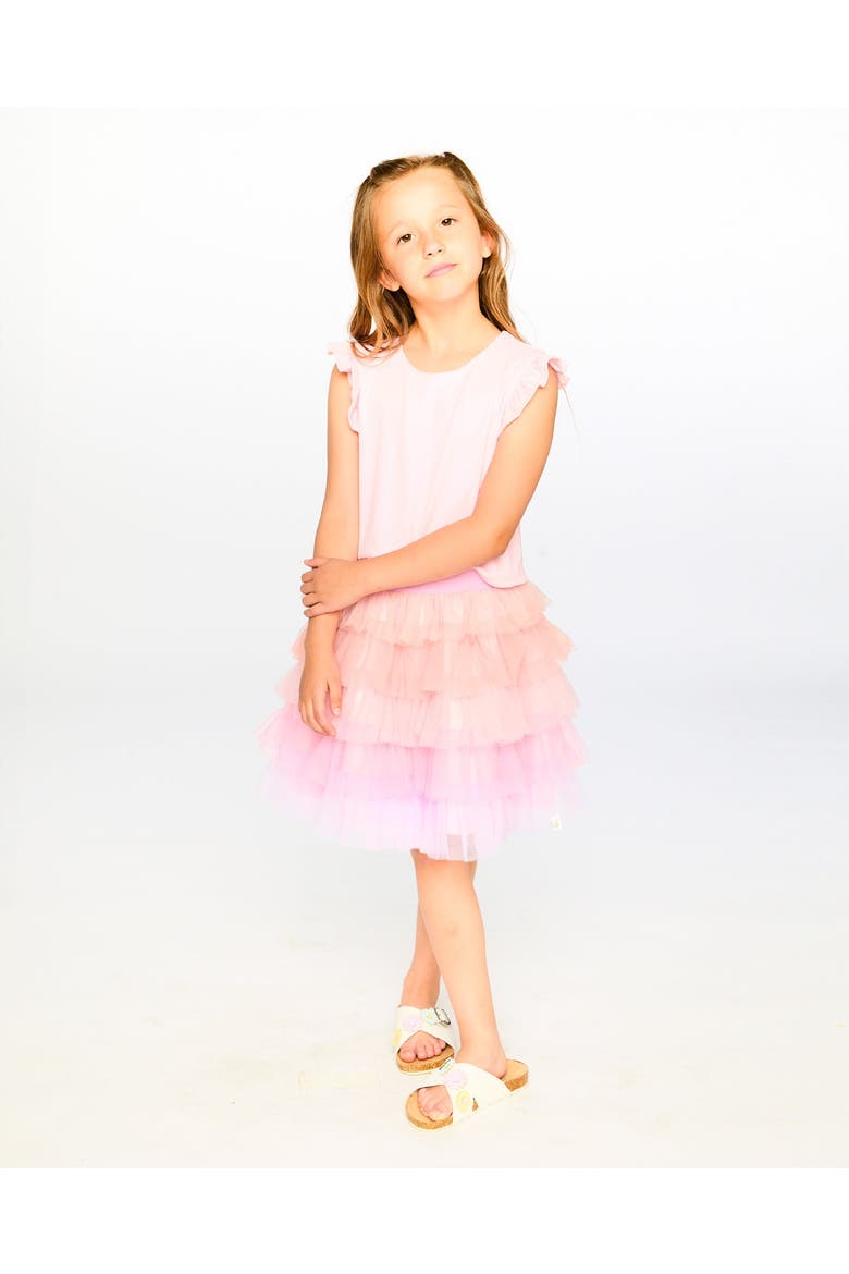 Bi-Material Short Flutter Sleeve Dress, Alternate, color, Pale Rose