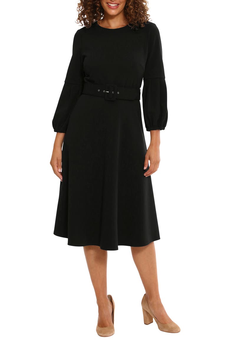 Pleated Sleeve Belted Fit & Flare Dress, Main, color, BLACK