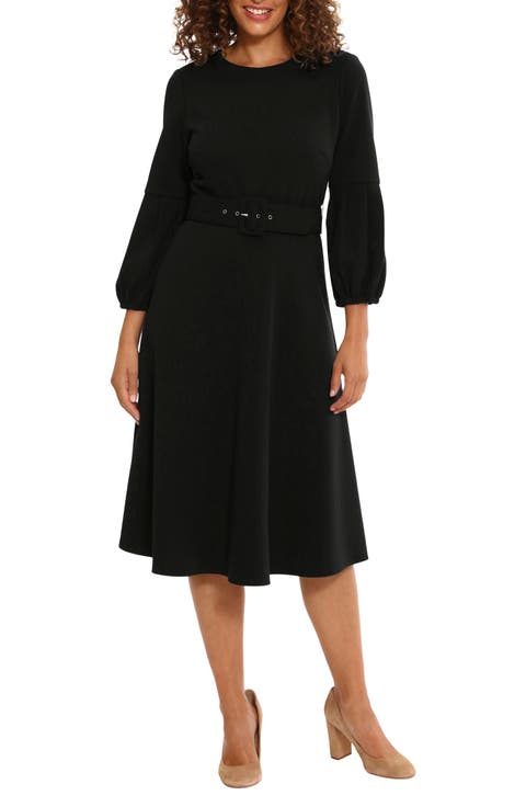 Pleated Sleeve Belted Fit & Flare Dress