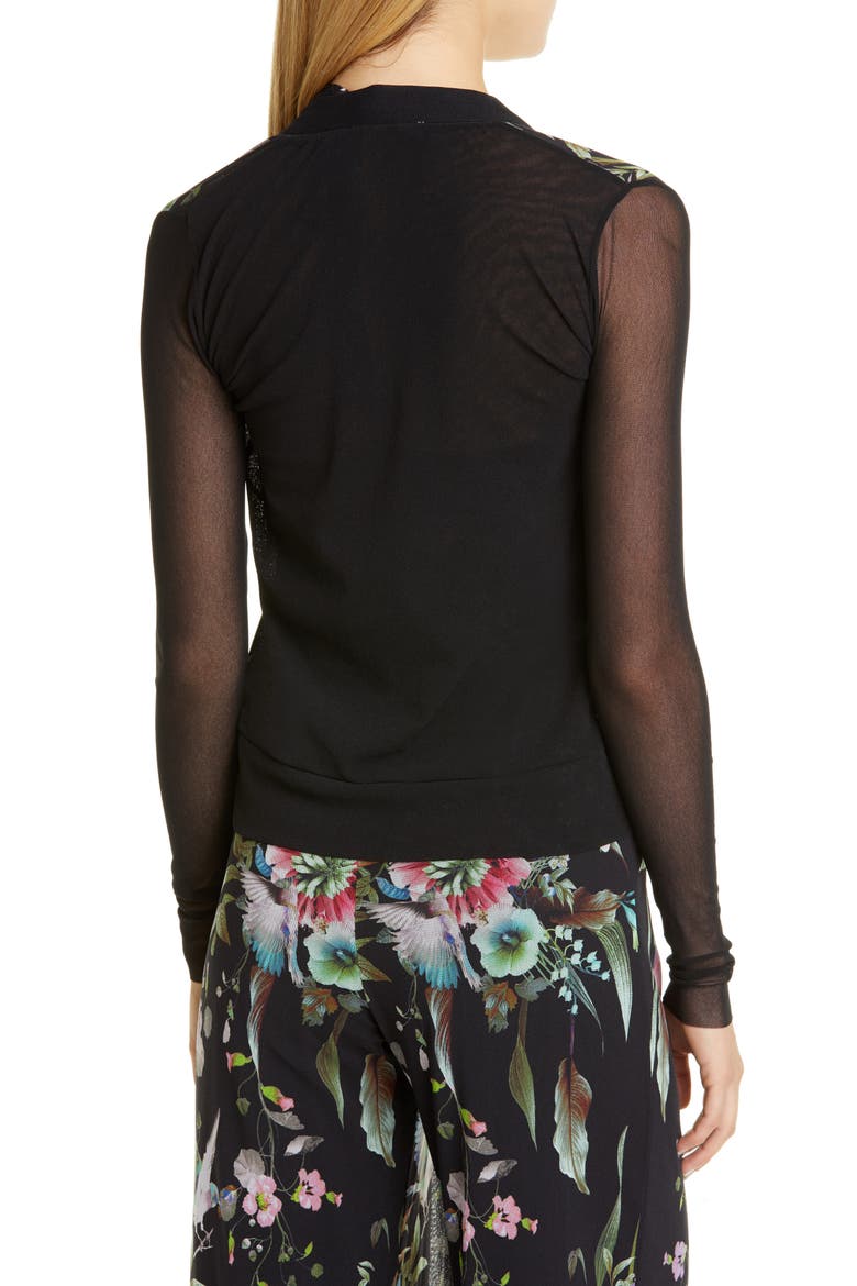 Floral Sheer Sleeve Cardigan, Alternate, color, NERO