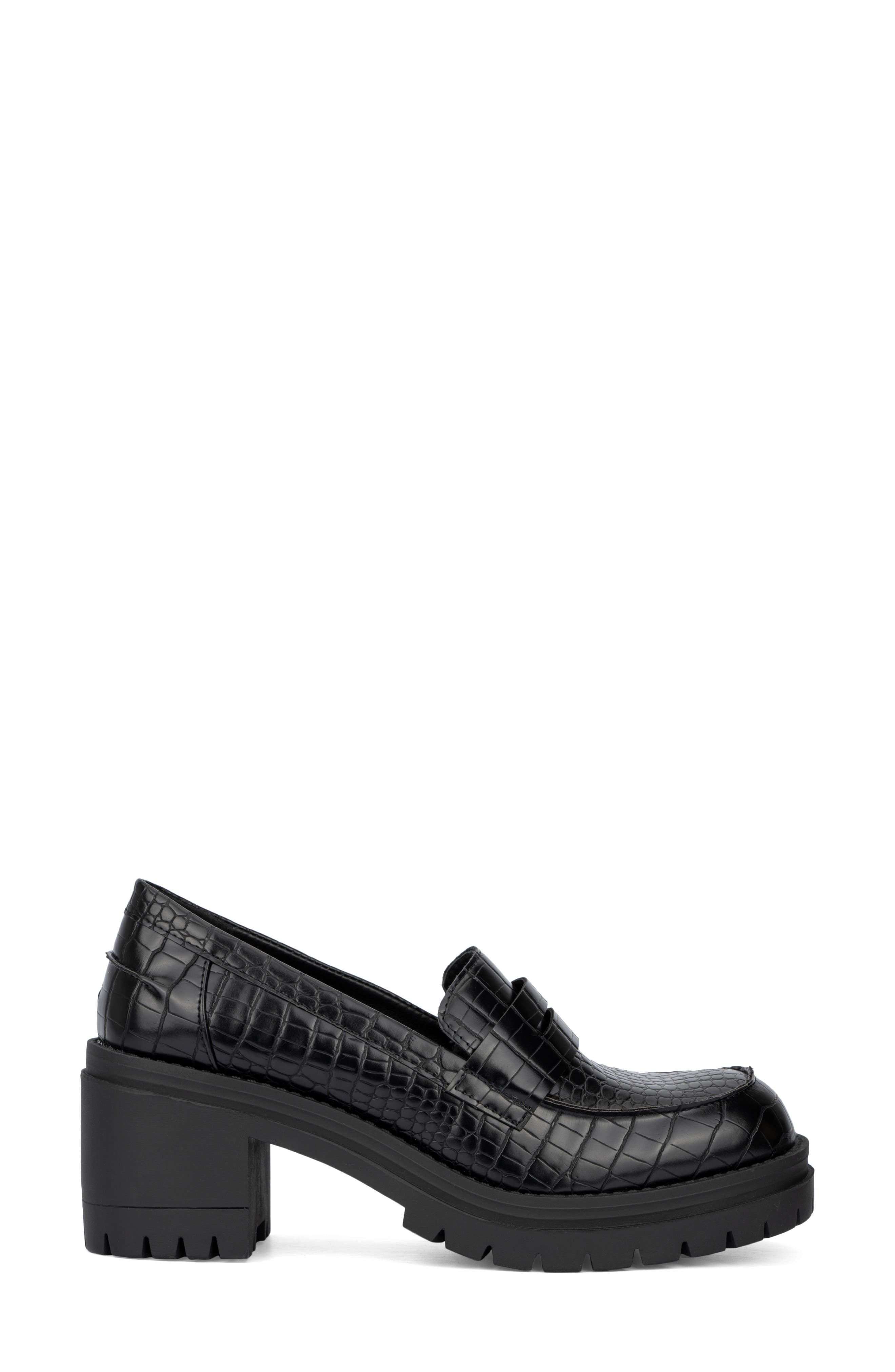 NEW YORK AND COMPANY Penni Croc Embossed Platform Loafer, Alternate, color, Black