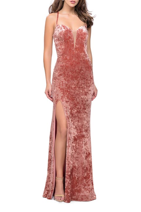 Crushed Velvet Form Fitting Gown with Leg Slit and Open Back