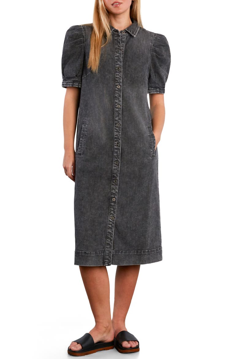Puff Sleeve Stretch Denim Midi Dress, Main, color, DARK CEMENT
