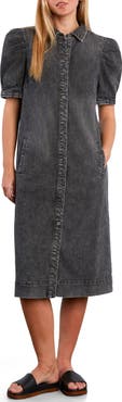 Wash Lab Denim Puff Sleeve Stretch Denim Midi Dress