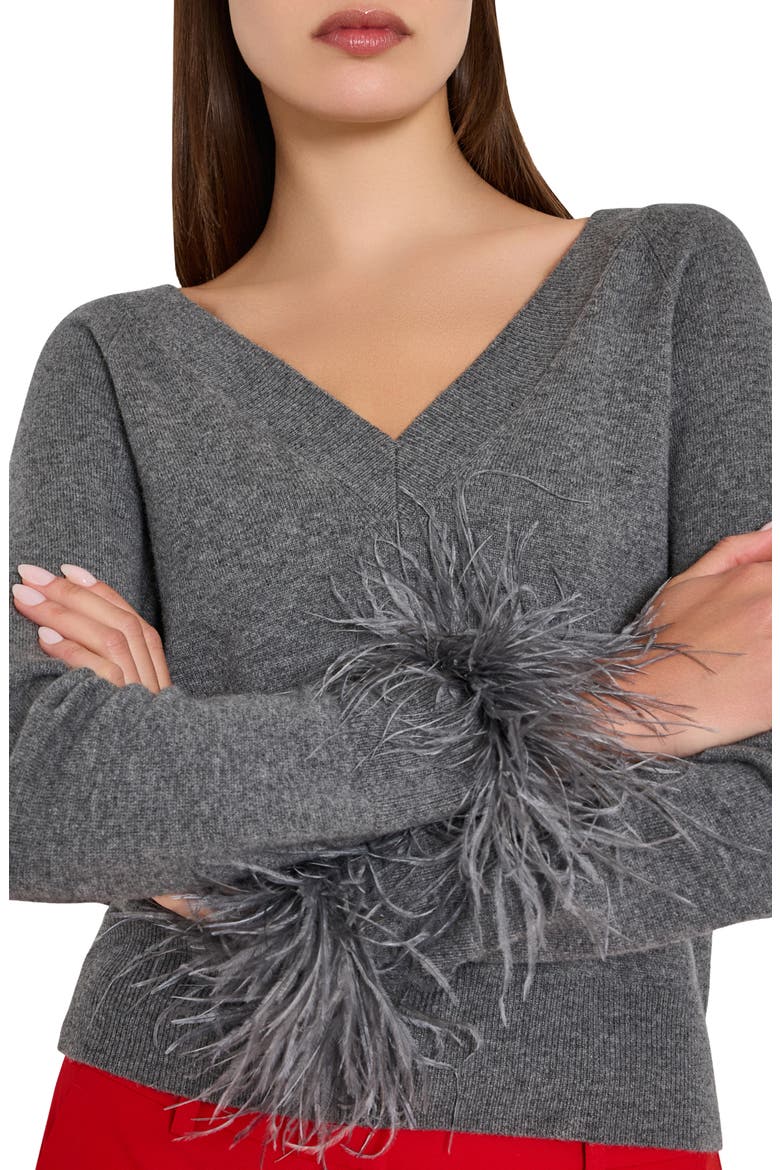Feather Cuff V-Neck Sweater, Alternate, color, GREY HEATHER