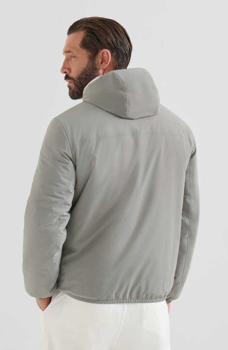 Brunello Cucinelli Bonded nylon hooded outerwear jacket with Thermore<sup>®</sup> padding and logo, Alternate, color, Grey