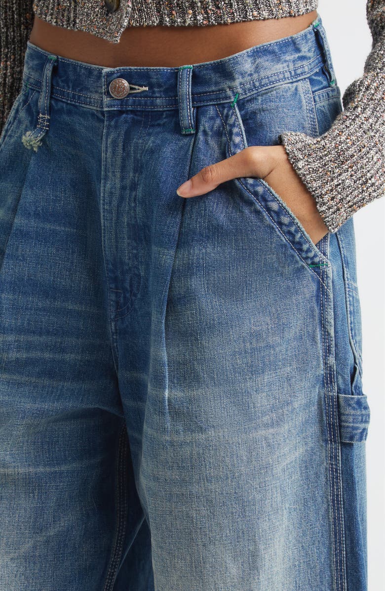 R13 Pleated Crop Wide Leg Carpenter Jeans, Alternate, color, Depot Blue