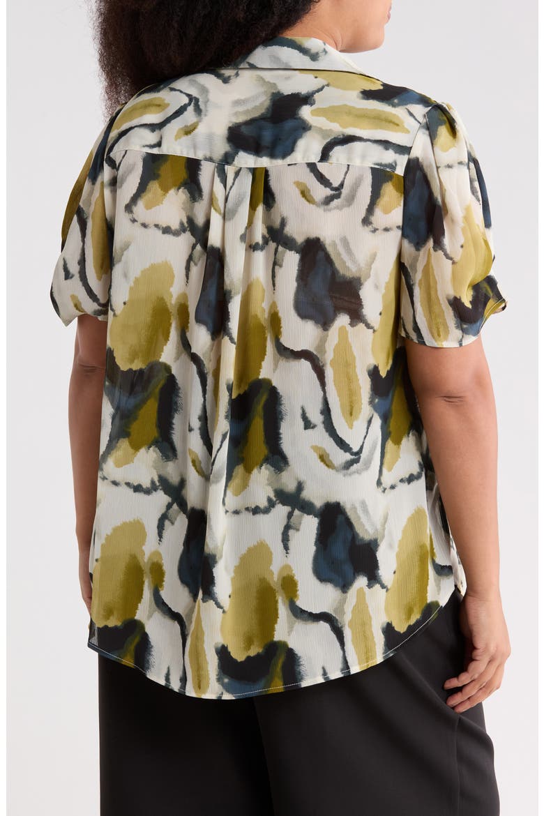 Scrunched Short Sleeve Button-Up Shirt, Alternate, color, OLIVE WATERCOLOR GEODE