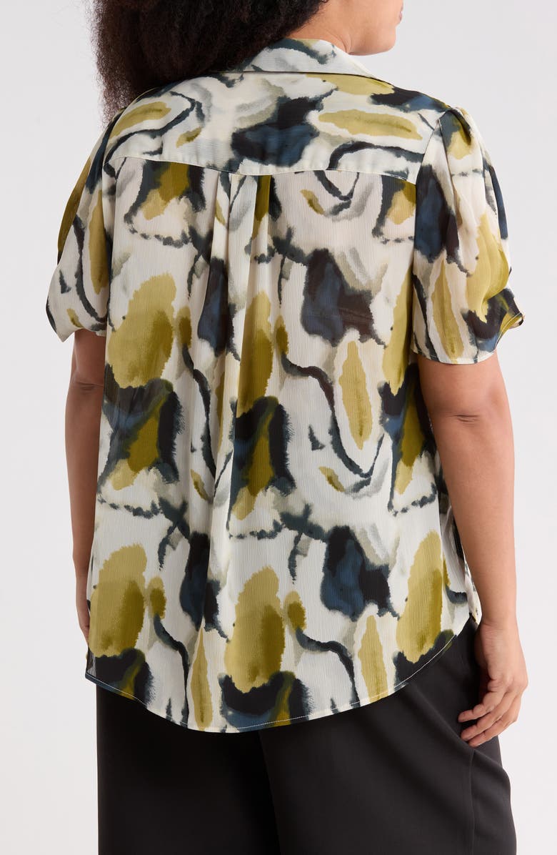 Adrianna Papell Scrunched Short Sleeve Button-Up Shirt, Alternate, color, Olive Watercolor Geode