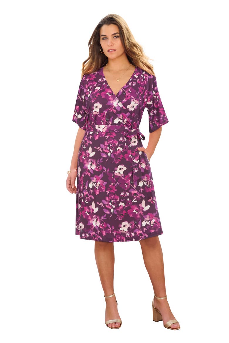 Plus Size Short Sleeve Wrap Fit And Flare Dress, Main, color, DARK BERRY WATERCOLOR