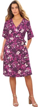 Roaman's Plus Size Short Sleeve Wrap Fit And Flare Dress