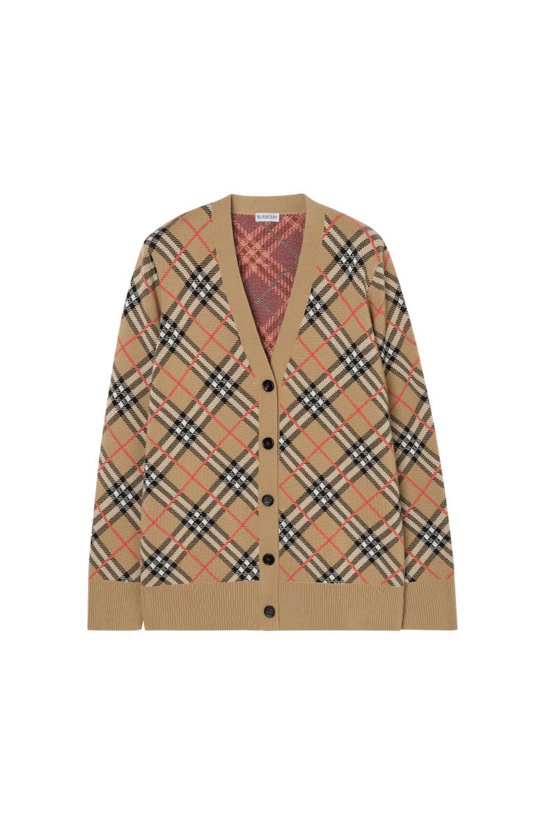 Burberry Check Cotton Wool Cardigan, Alternate, color, Sand Beige