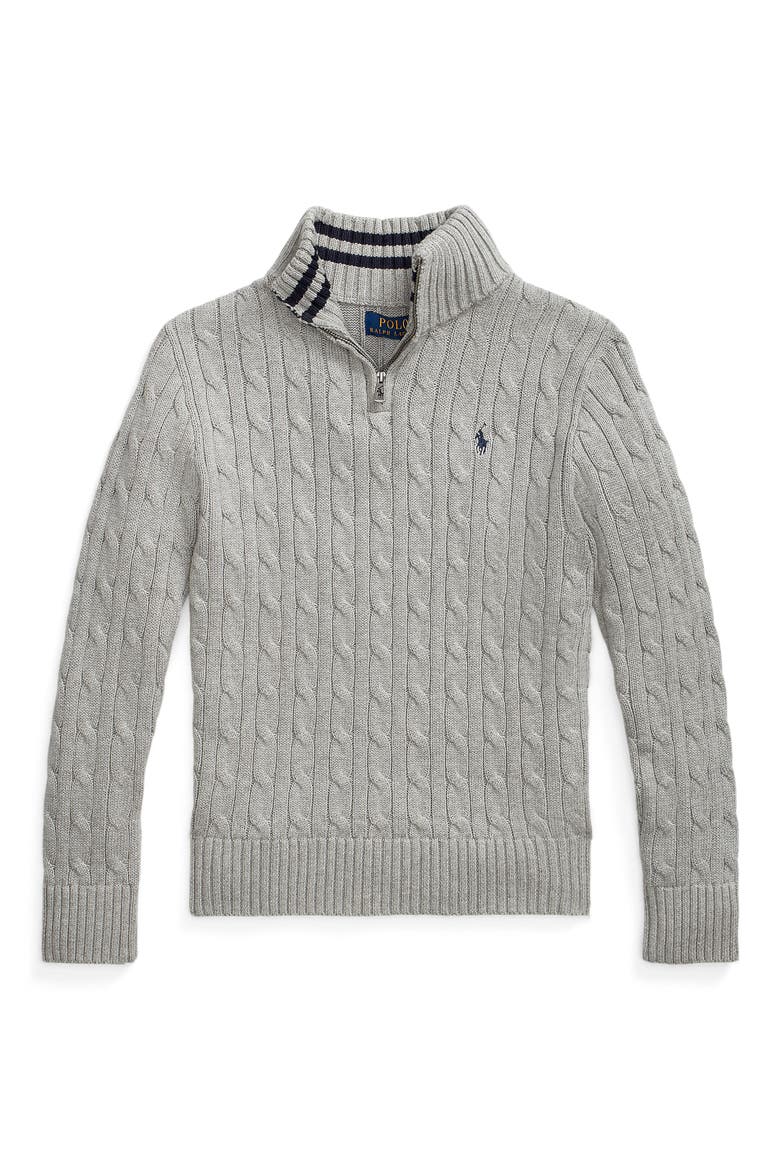 Kids' Cable Knit Cotton Quarter Zip Sweater, Main, color, GREY