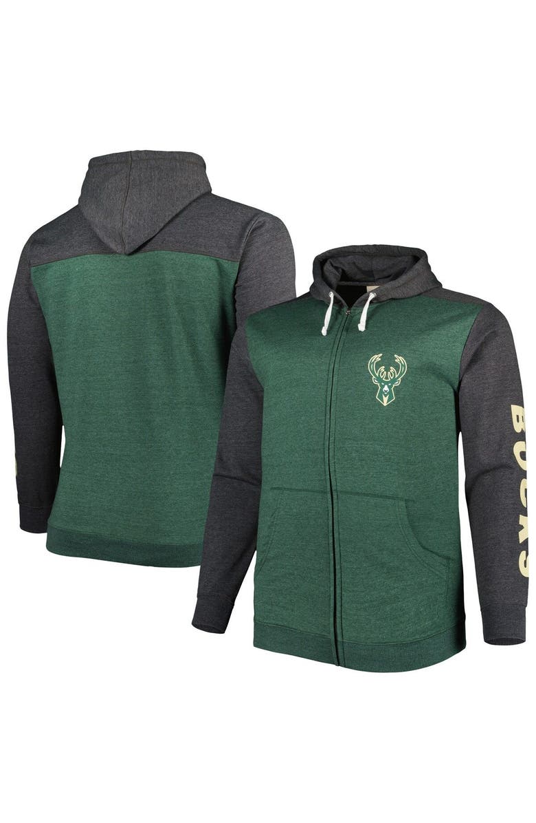 FANATICS Men's Fanatics Branded Heathered Hunter Green/Heathered Black Milwaukee Bucks Big & Tall Down and Distance Full-Zip Hoodie, Main, color, Hunter Green