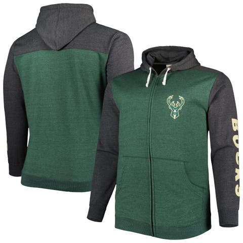 Men's Fanatics Branded Heathered Hunter Green/Heathered Black Milwaukee Bucks Big & Tall Down and Distance Full-Zip Hoodie