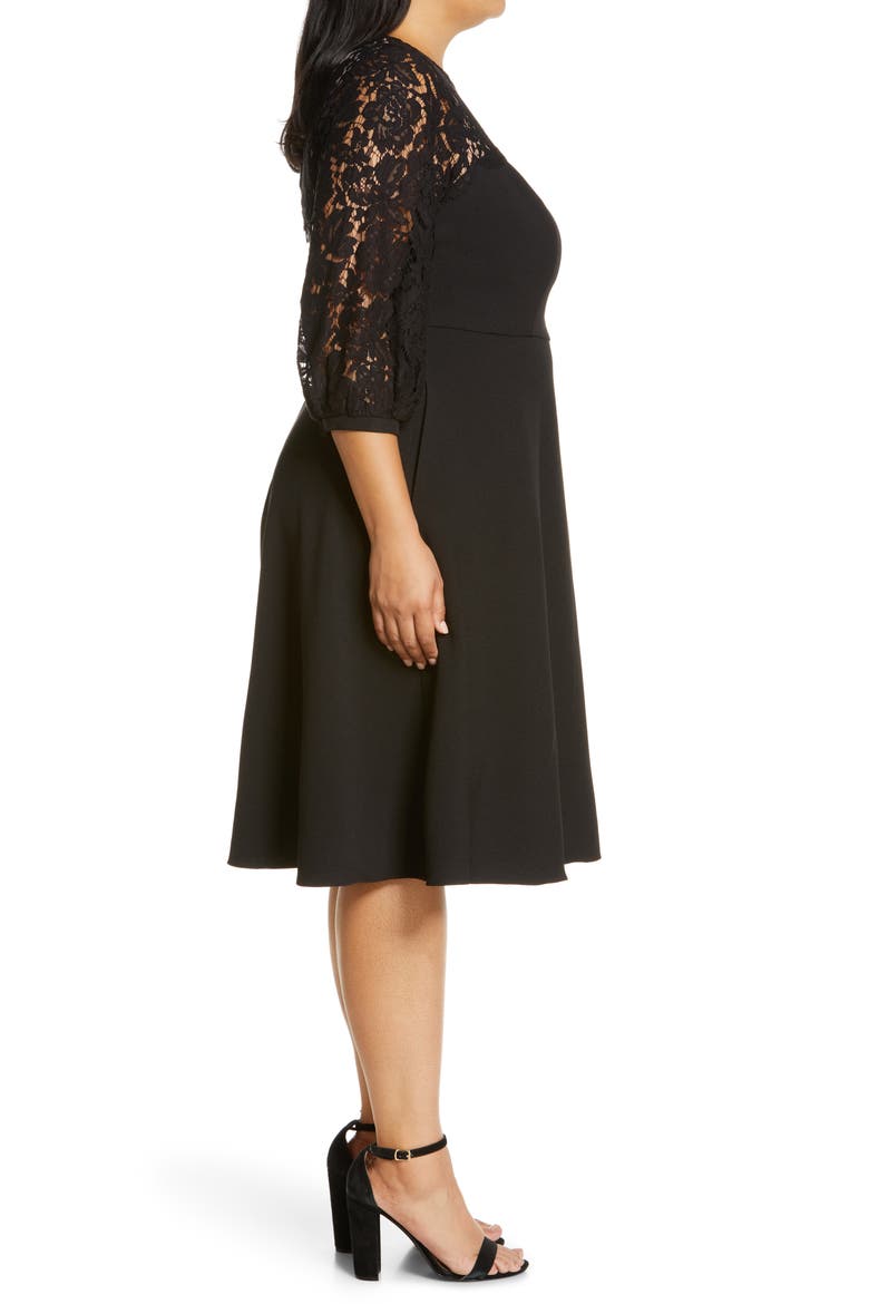 Lace Long Sleeve Midi Crepe Cocktail Dress, Alternate, color, BLACK