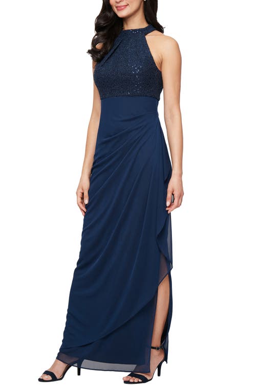 Alex Evenings Corded Lace Bodice Cocktail Dress In Blue