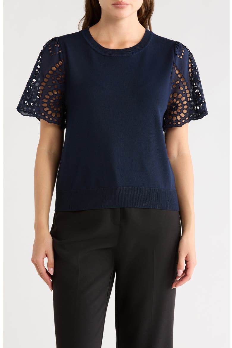Embroidered Eyelet Short Sleeve Twofer Sweater, Main, color, NANETTE NAVY
