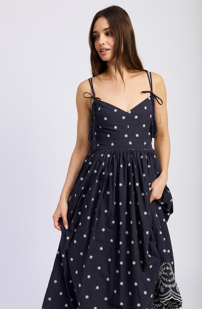En Saison Nara Embroidery Detail Cotton Midi Sundress, Alternate, color, Navy Natural