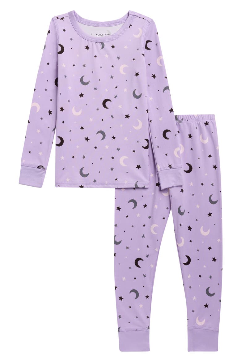 Kids' Print Fitted Two-Piece Pajamas, Main, color, PURPLE MULTI MOONS