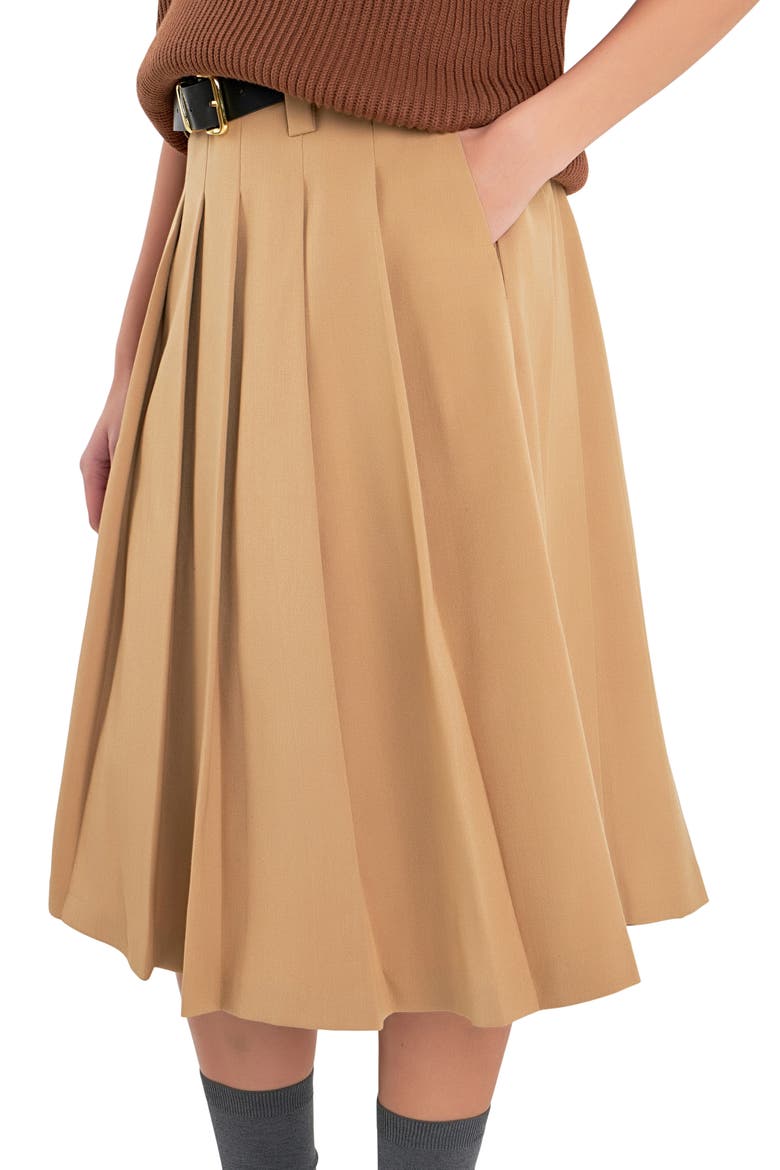 Pleated Midi Skirt, Alternate, color, TAN