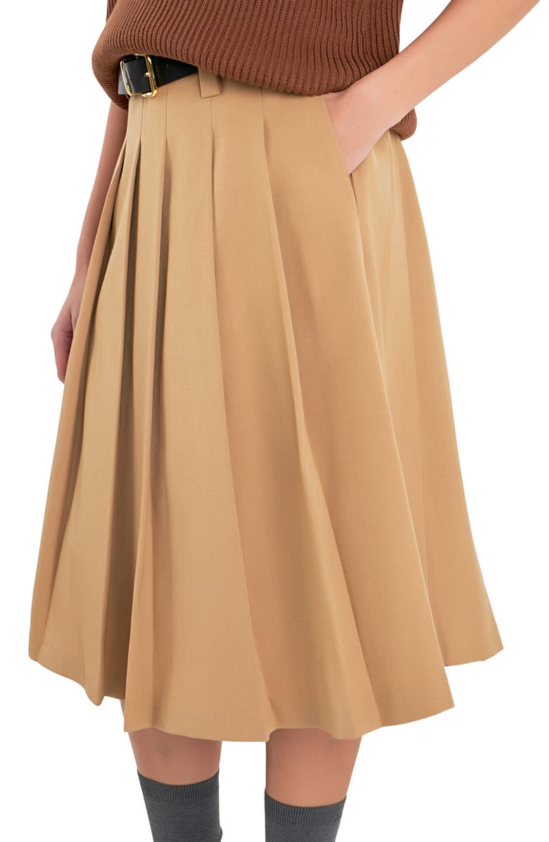 English Factory Pleated Midi Skirt, Alternate, color, Tan