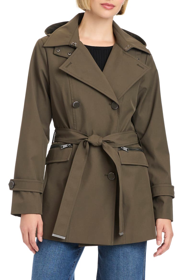 Double Breasted Hooded Trench Coat, Alternate, color, FOREST NIGHT
