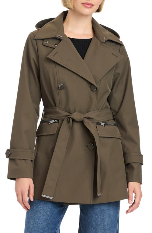 Vince Camuto Double Breasted Hooded Trench Coat In Green