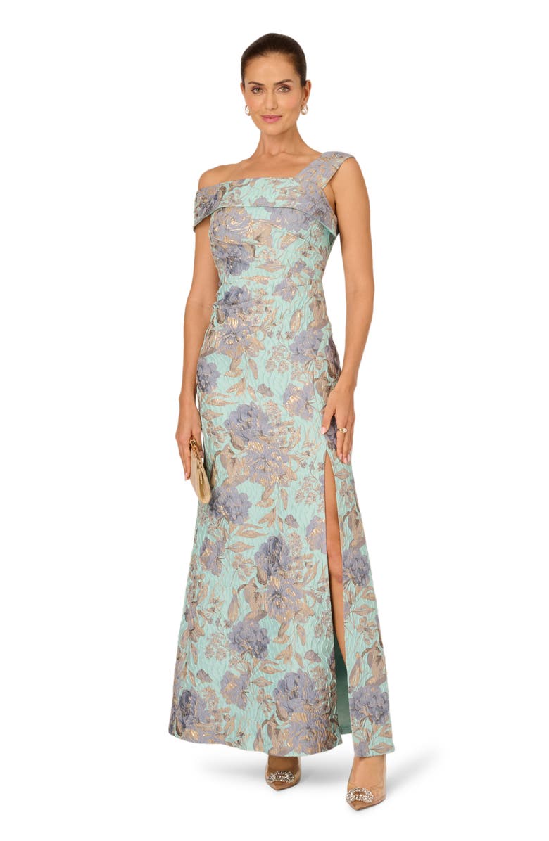 Adrianna Papell Metallic Floral Jacquard Mermaid Gown, Alternate, color, Blue/ Mint Multi