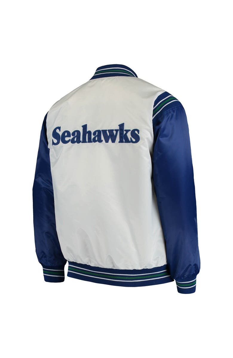STARTER Men's Starter White/Royal Seattle Seahawks Historic Logo Renegade Satin Varsity Full-Snap Jacket, Alternate, color,