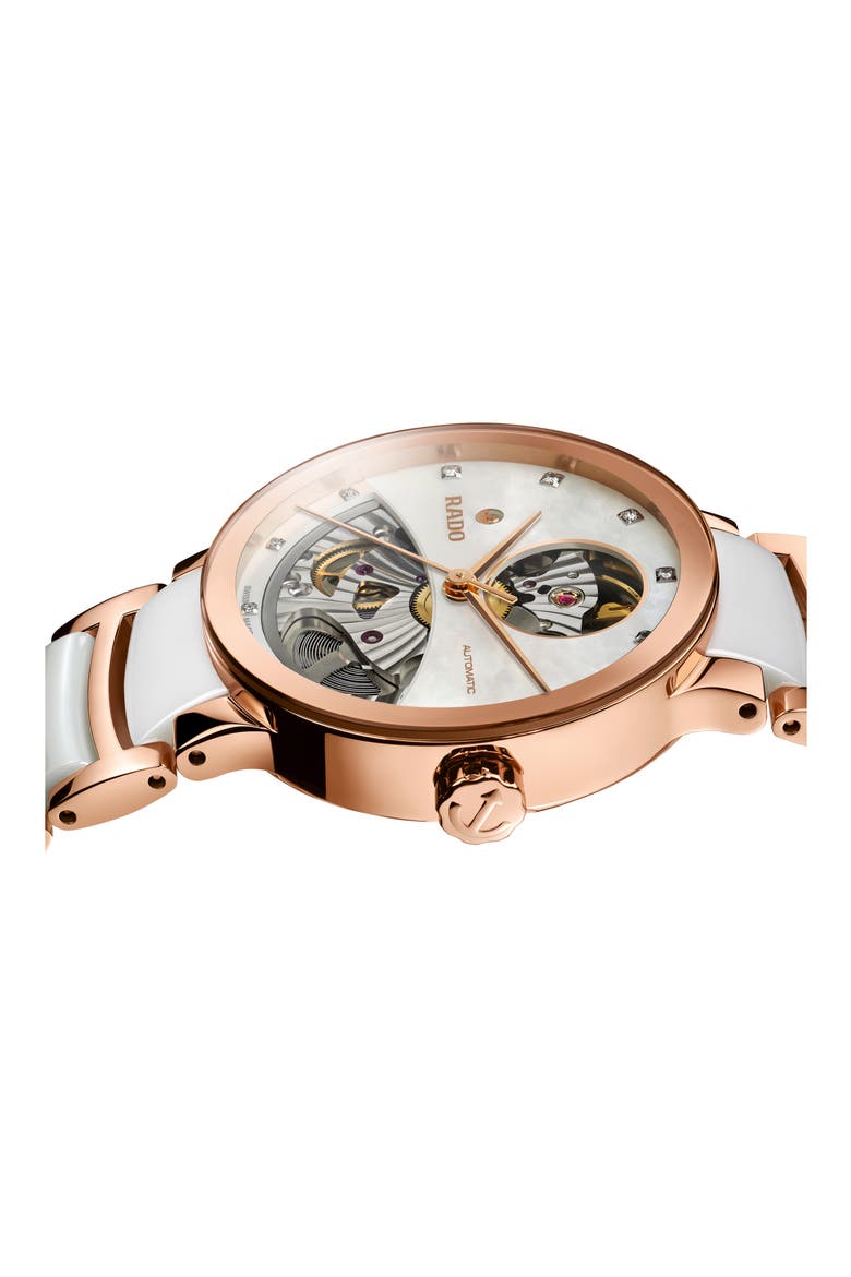 Centrix Open Heart Automatic Diamond Ceramic Bracelet Watch, 33mm, Alternate, color, WHITE/ MOP/ ROSE GOLD