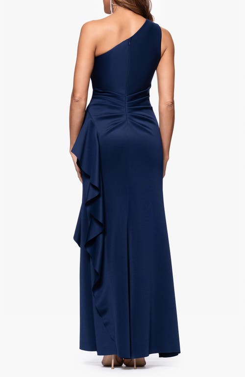 Xscape Evenings One-shoulder Ruffle Scuba Crepe Gown In Midnight