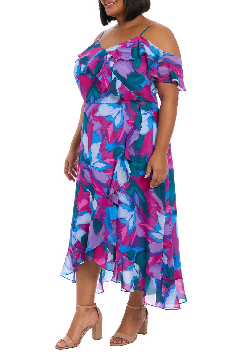 London Times Floral Cold Shoulder Chiffon Maxi Dress, Alternate, color,