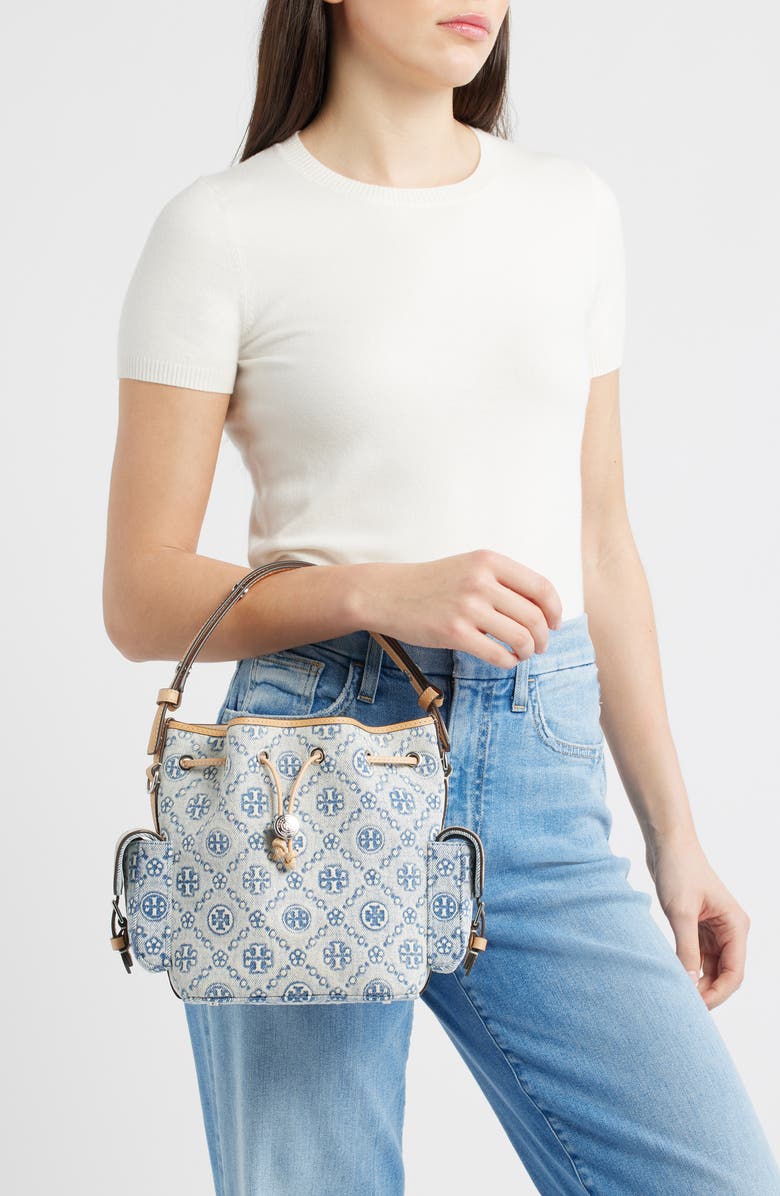 Tory Burch T Monogram Denim Bucket Bag, Alternate, color, Powder Blue