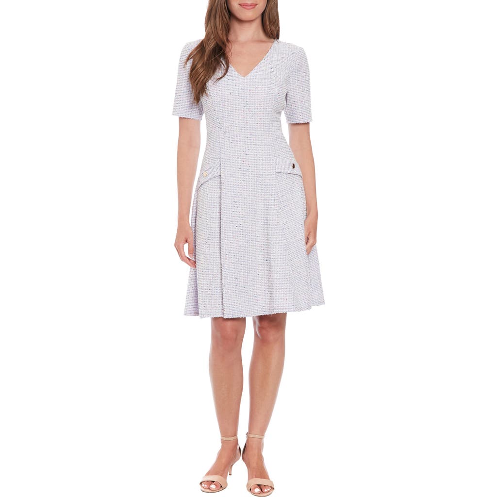 London Times Bouclé Fit & Flare Dress In White