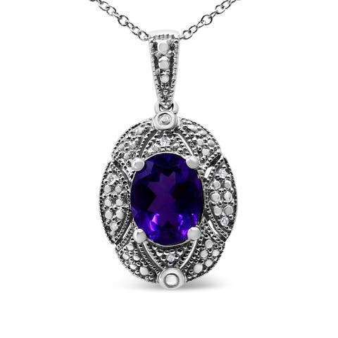Silver Diamond Accent and Amethyst Gemstone Pendant Necklace