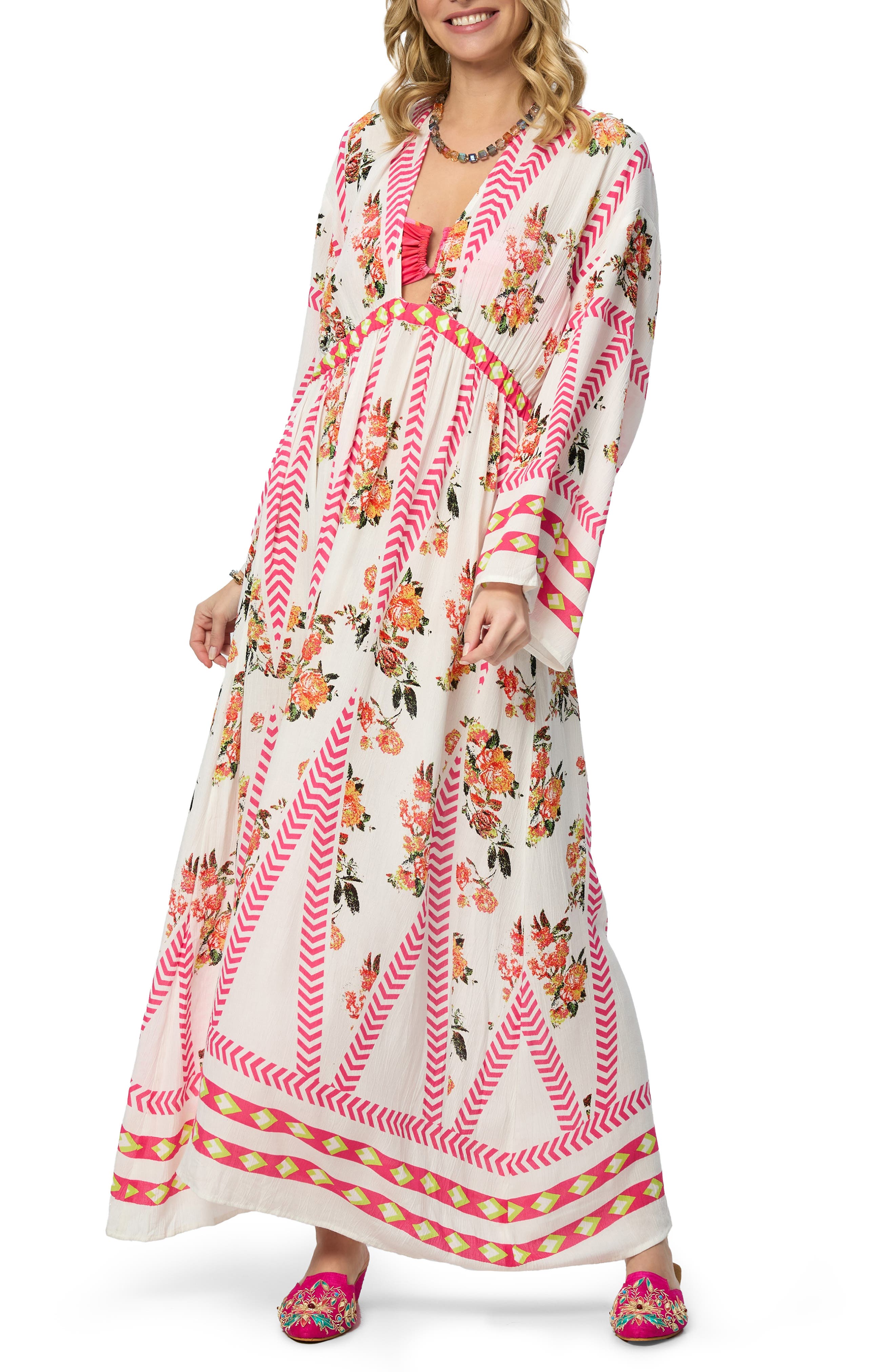 SAACHI Floral Print Plunge Neck Cover-Up Kaftan