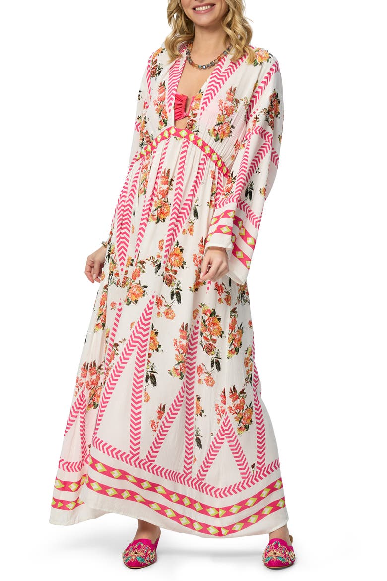 Floral Print Plunge Neck Cover-Up Kaftan, Main, color, WHITE COMBO