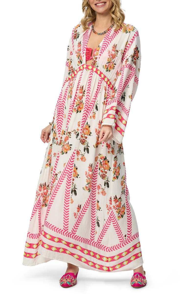 SAACHI Floral Print Plunge Neck Cover-Up Kaftan, Main, color, White Combo