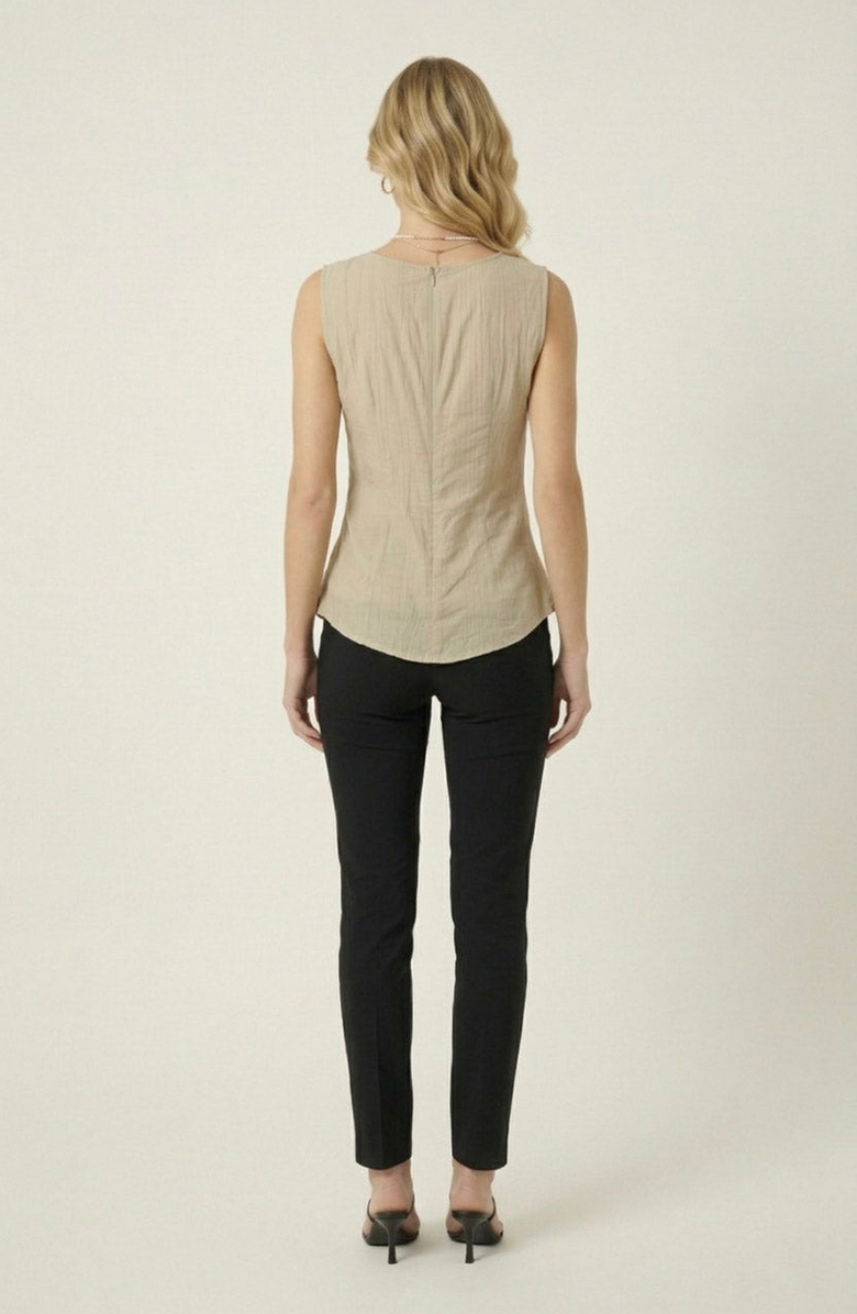 Modenaire Ruched V Neck Top with Sleeveless Cut and Pointed Hem, Alternate, color, Beige