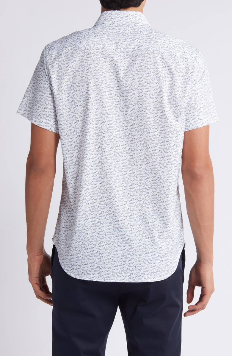 Bonobos Tech Shark Print Short Sleeve Performance Button-Up Shirt, Alternate, color, Shark Party V4 C25