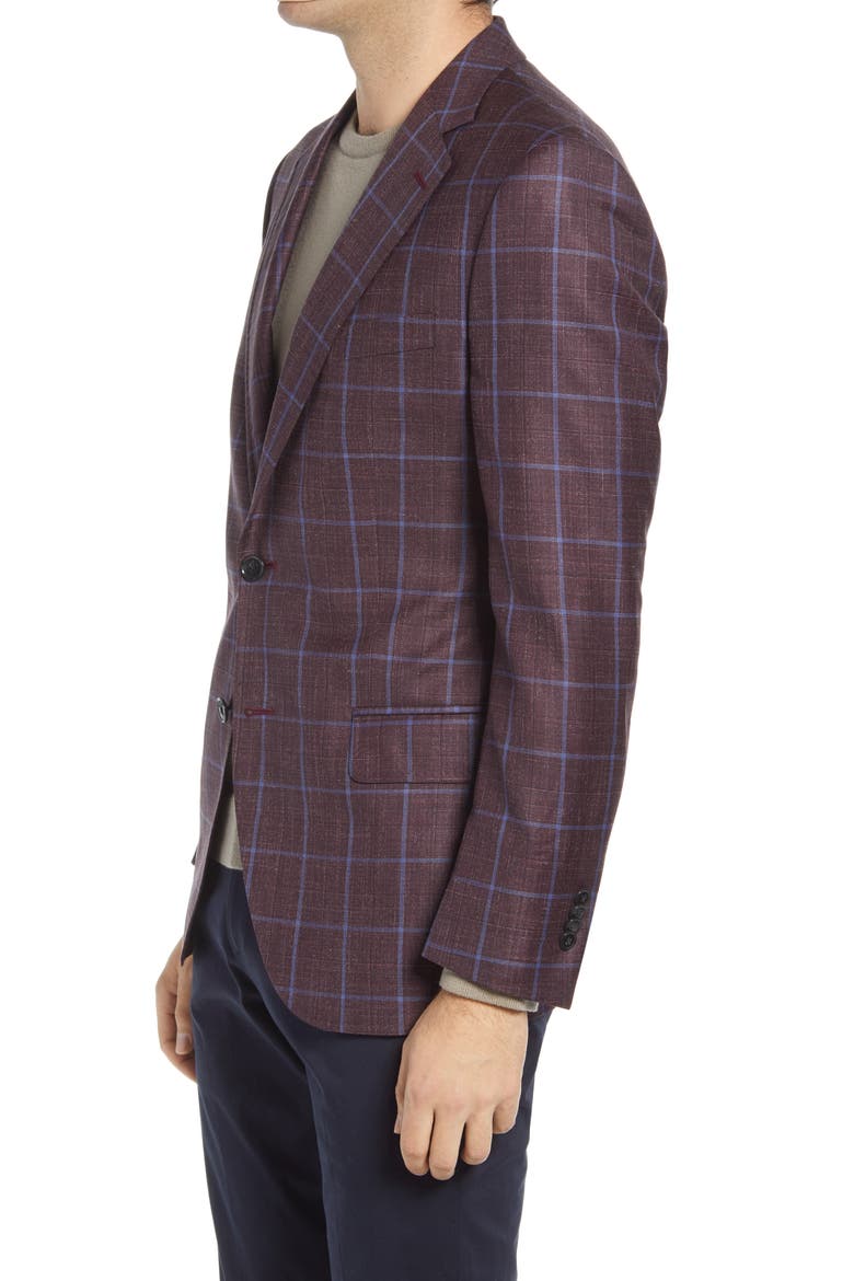 Windowpane Slub Wool Blend Sport Coat, Alternate, color, MAROON