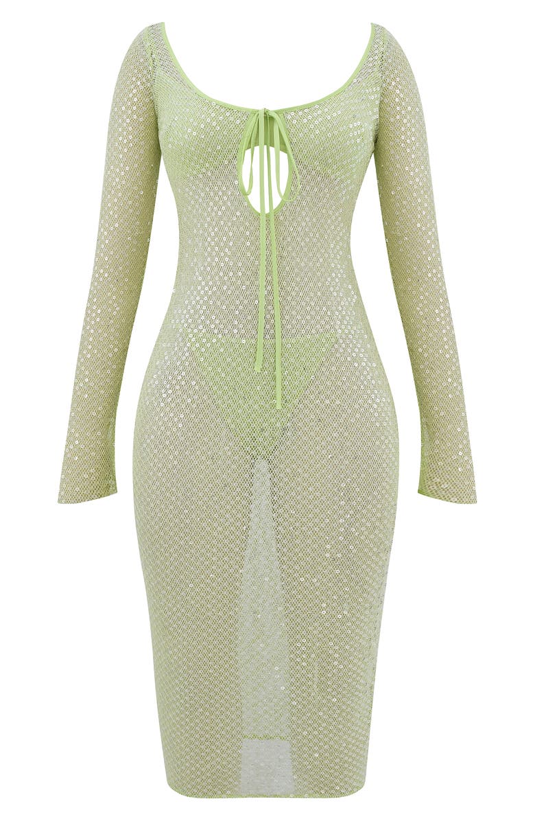 Mistress Rocks Long Sleeve Sequin Mesh Midi Dress, Bra & Panties Set, Alternate, color, Lime