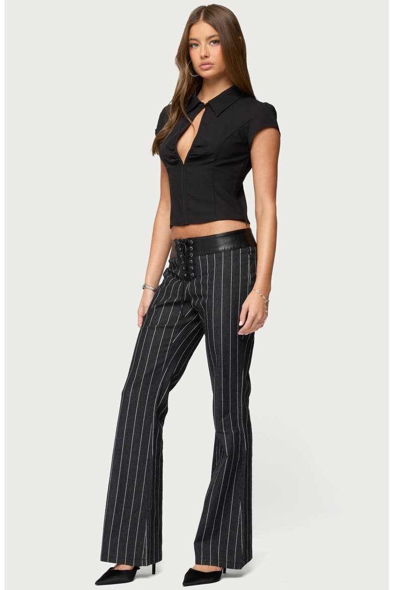 Pinstripe Faux Leather Waist Lace-Up Pants, Alternate, color, DARK-BLUE