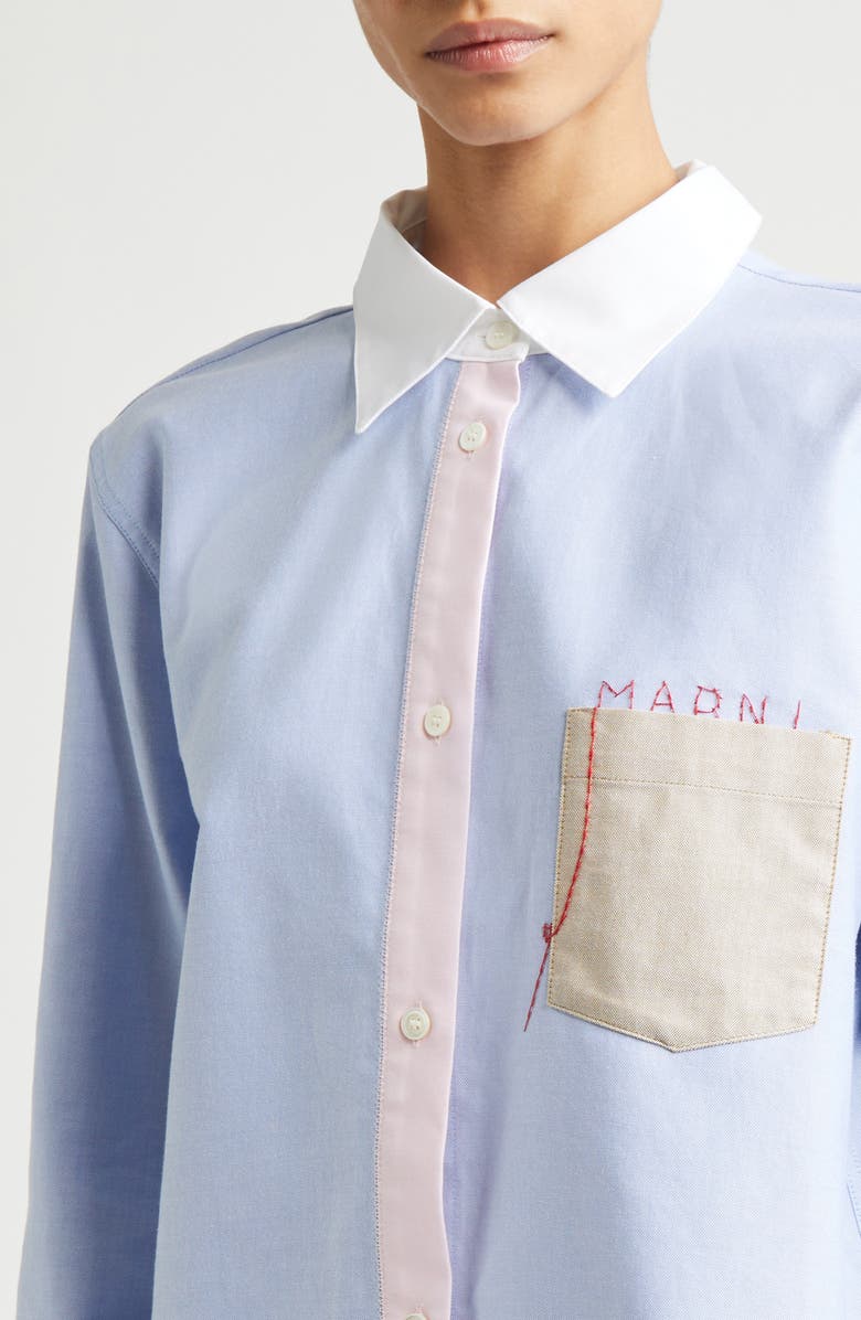 Marni Mending Logo Colorblock Cotton Poplin Button-Up Shirt, Alternate, color, 
