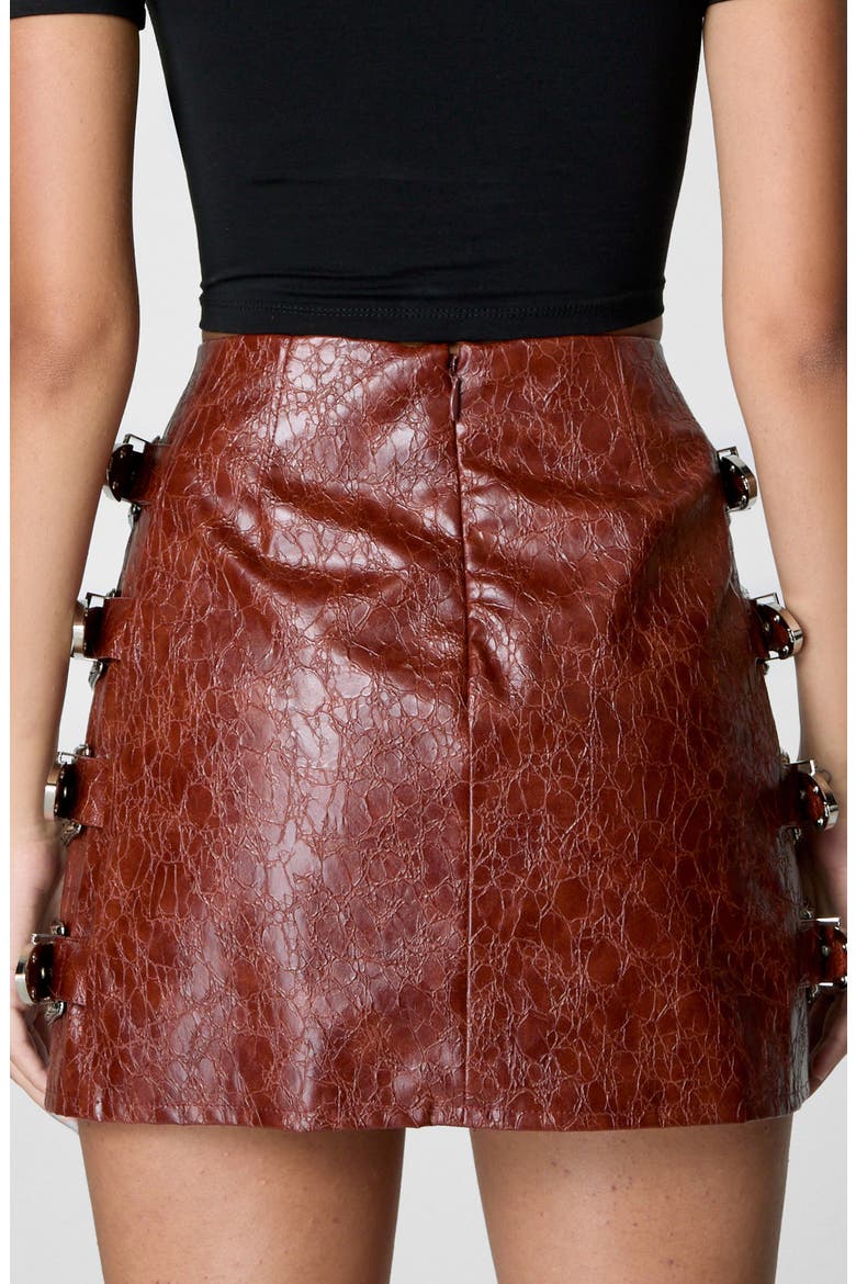 Buckle Distressed Faux Leather Miniskirt, Alternate, color, RUST